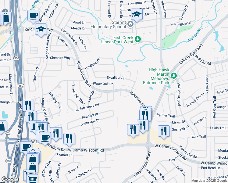 map of restaurants, bars, coffee shops, grocery stores, and more near 4942 Water Oak Drive in Grand Prairie