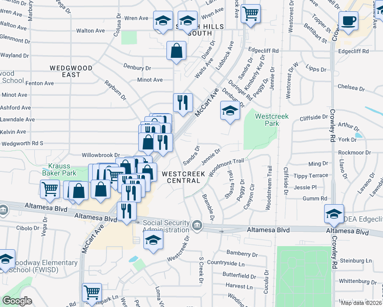 map of restaurants, bars, coffee shops, grocery stores, and more near 6229 Sandra Drive in Fort Worth