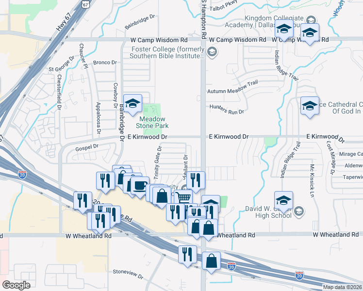 map of restaurants, bars, coffee shops, grocery stores, and more near 2518 Concordant Trail in Dallas