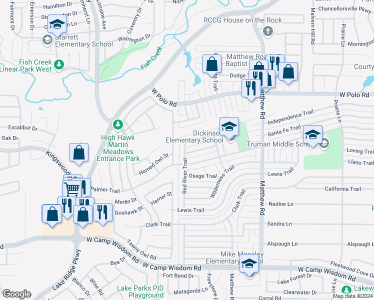 map of restaurants, bars, coffee shops, grocery stores, and more near 2122 Alder Trail in Grand Prairie