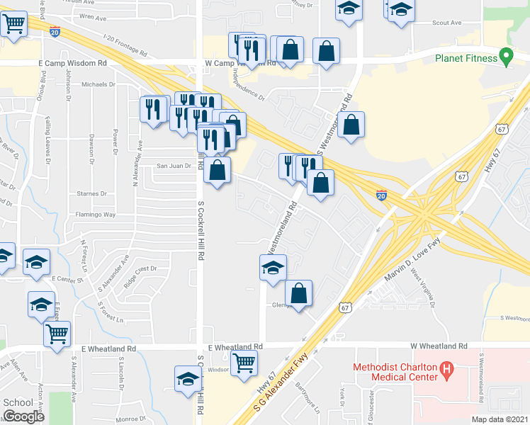 map of restaurants, bars, coffee shops, grocery stores, and more near 7575 South Westmoreland Road in Dallas