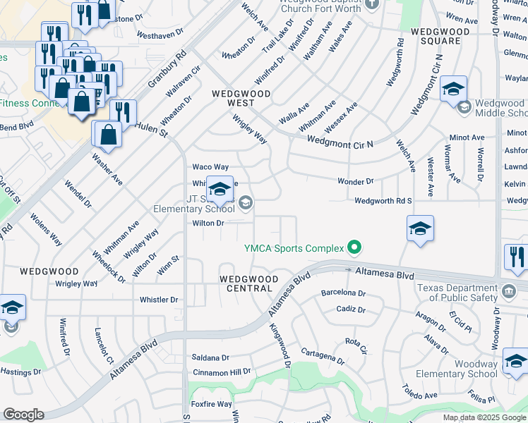 map of restaurants, bars, coffee shops, grocery stores, and more near 6124 Wrigley Way in Fort Worth
