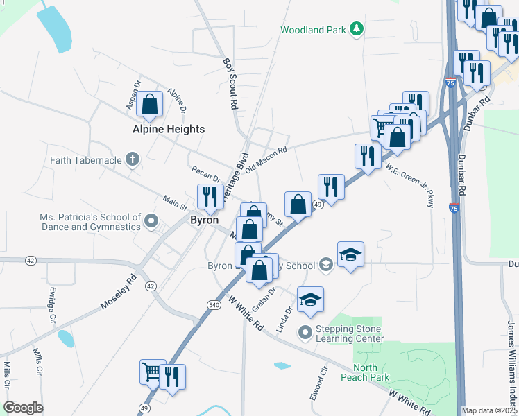 map of restaurants, bars, coffee shops, grocery stores, and more near Academy Street in Byron