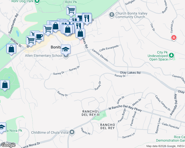 map of restaurants, bars, coffee shops, grocery stores, and more near 927 Rawhide Court in Bonita
