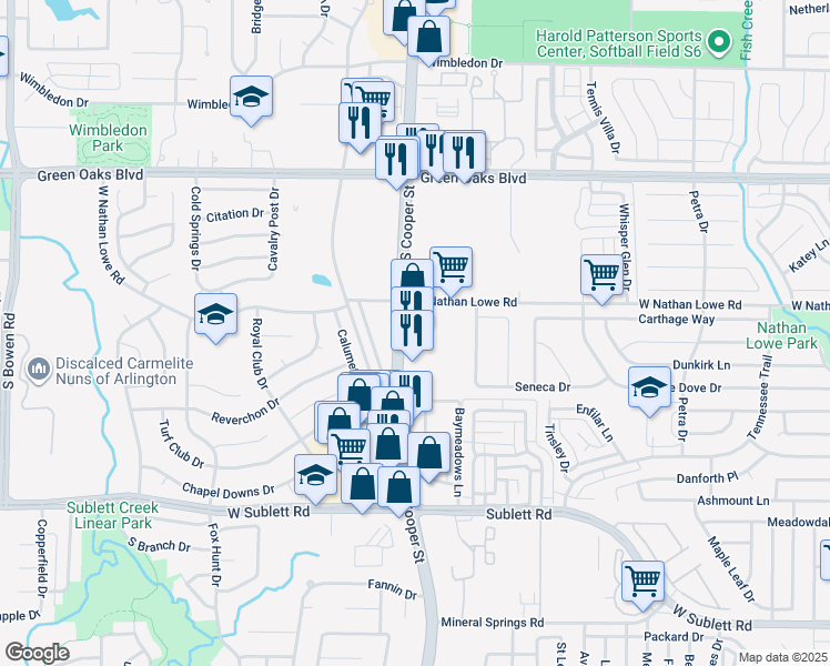 map of restaurants, bars, coffee shops, grocery stores, and more near 5601 South Cooper Street in Arlington