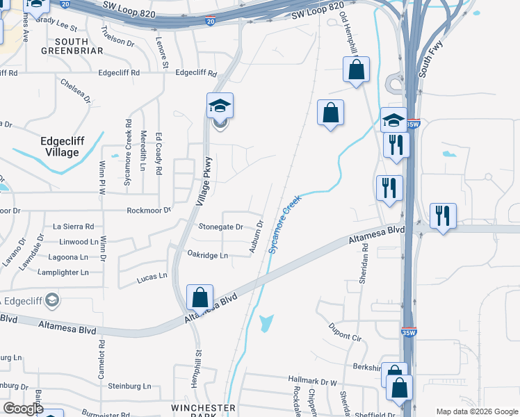 map of restaurants, bars, coffee shops, grocery stores, and more near 16 Auburn Drive in Fort Worth