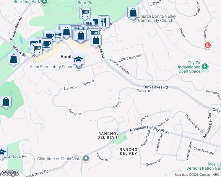 map of restaurants, bars, coffee shops, grocery stores, and more near 927 Rawhide Court in Bonita