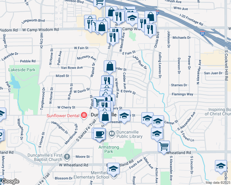 map of restaurants, bars, coffee shops, grocery stores, and more near 406 North Merrill Avenue in Duncanville