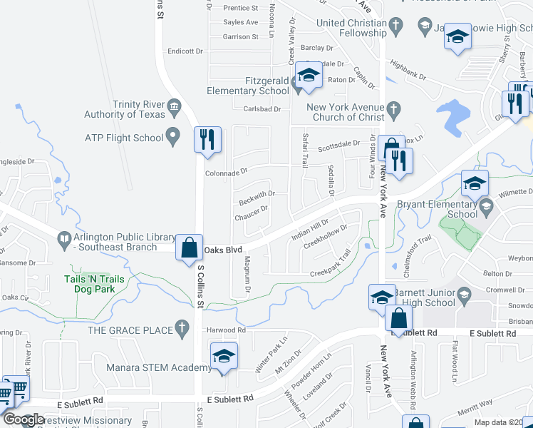 map of restaurants, bars, coffee shops, grocery stores, and more near 5528 Edendale Drive in Arlington