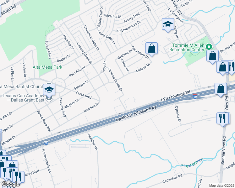 map of restaurants, bars, coffee shops, grocery stores, and more near 3216 Spikerush Court in Dallas