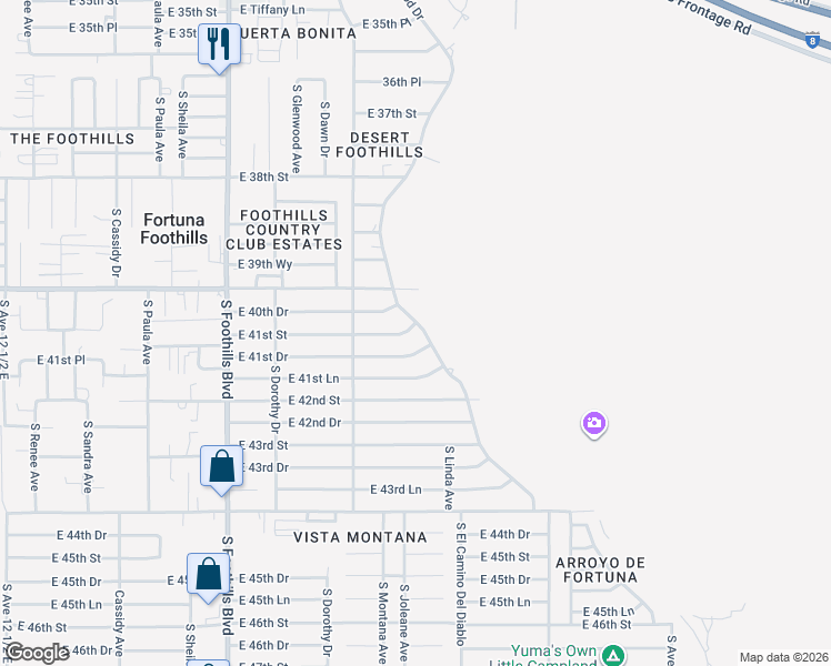 map of restaurants, bars, coffee shops, grocery stores, and more near 12071-12105 S Ironwood Dr in Yuma