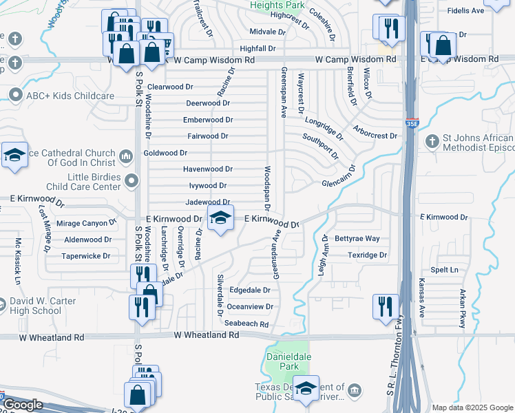 map of restaurants, bars, coffee shops, grocery stores, and more near 716 Jadewood Drive in Dallas