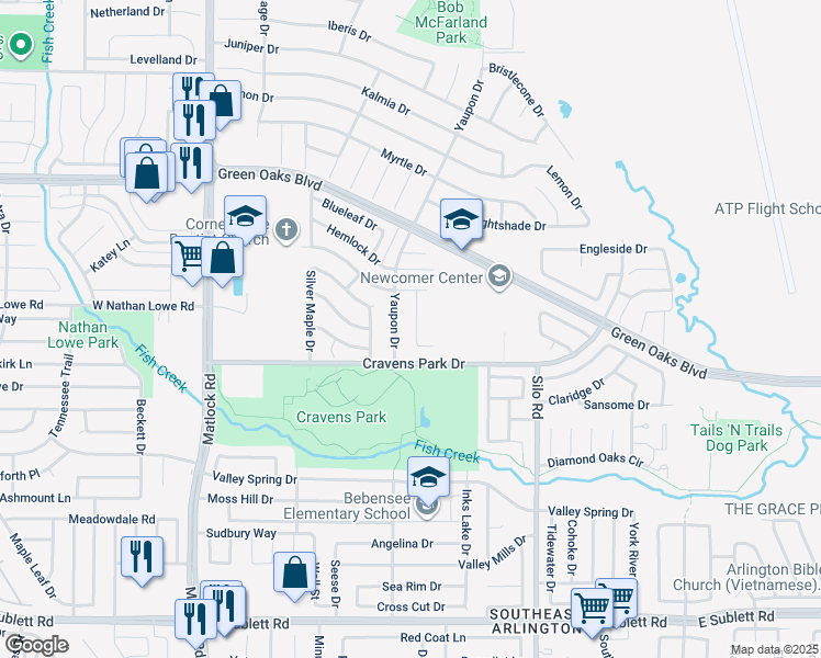 map of restaurants, bars, coffee shops, grocery stores, and more near 5508 Blue Spruce Drive in Arlington