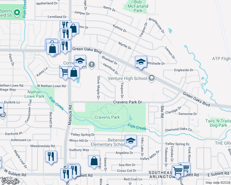 map of restaurants, bars, coffee shops, grocery stores, and more near Twin Timbers Drive in Arlington