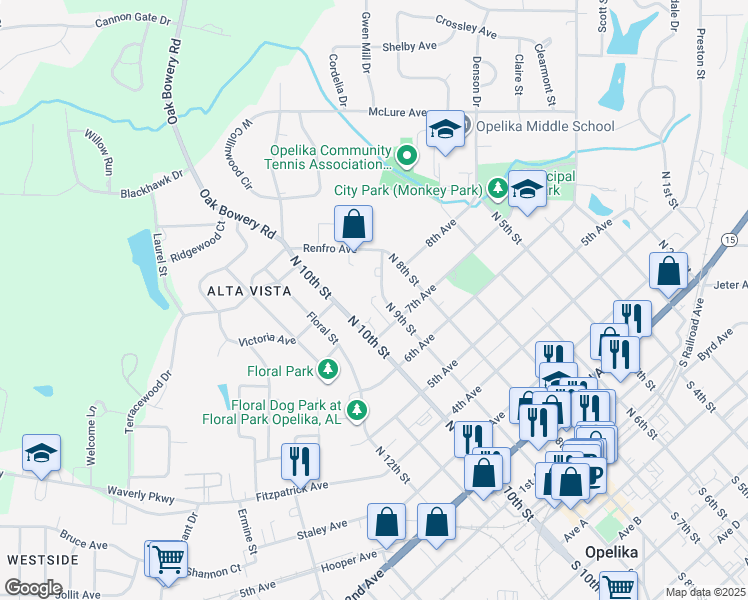 map of restaurants, bars, coffee shops, grocery stores, and more near 700-898 North Long Street in Opelika