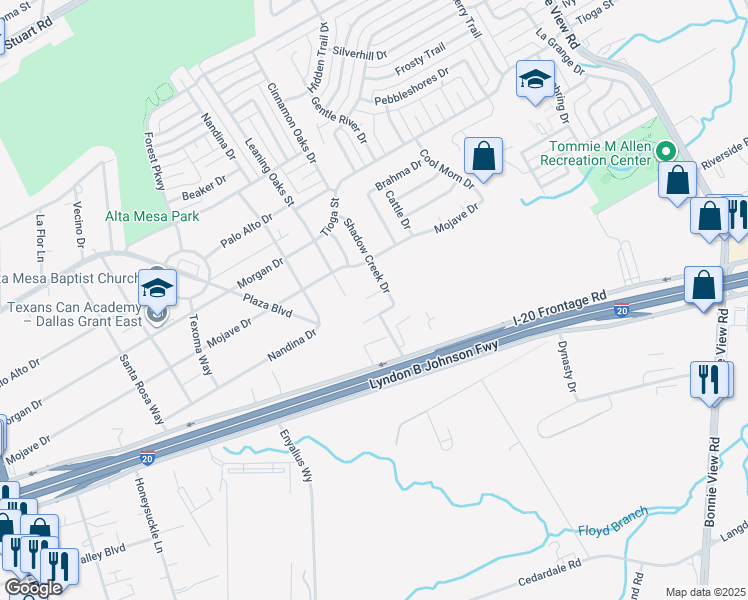 map of restaurants, bars, coffee shops, grocery stores, and more near 6732 Shadow Creek Drive in Dallas