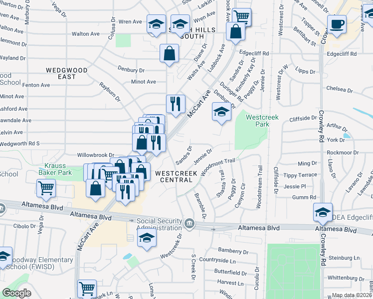 map of restaurants, bars, coffee shops, grocery stores, and more near 6215 Westcreek Drive in Fort Worth