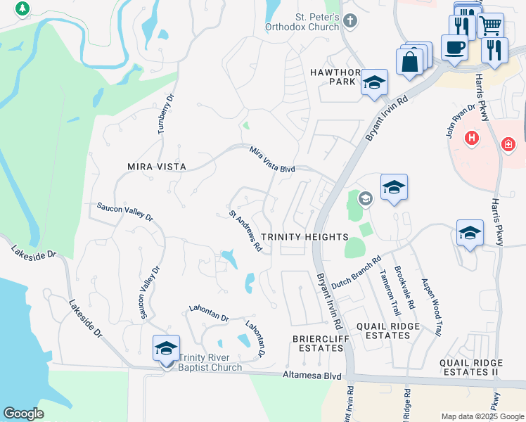 map of restaurants, bars, coffee shops, grocery stores, and more near 6700 Desert Highlands in Fort Worth