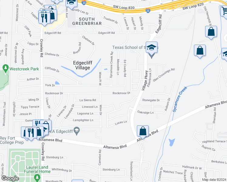 map of restaurants, bars, coffee shops, grocery stores, and more near 1204 Rockmoor Drive in Fort Worth