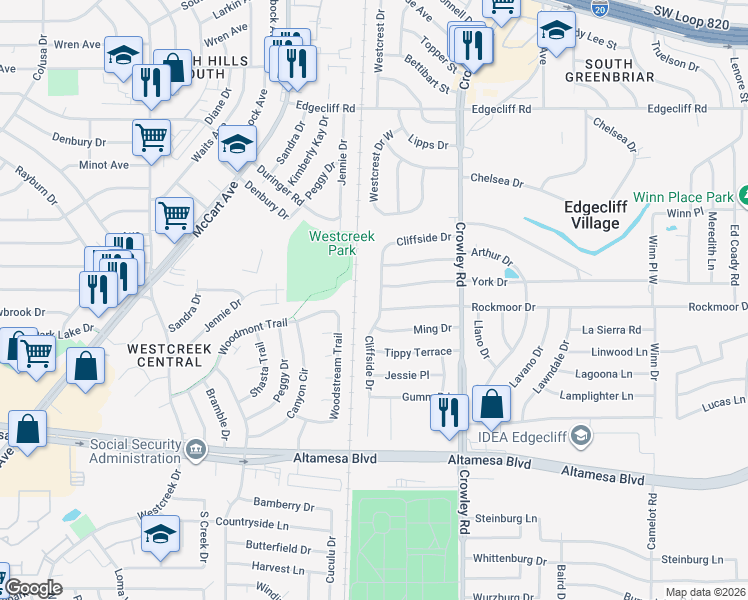 map of restaurants, bars, coffee shops, grocery stores, and more near 2599 Edgecliff Road in Fort Worth