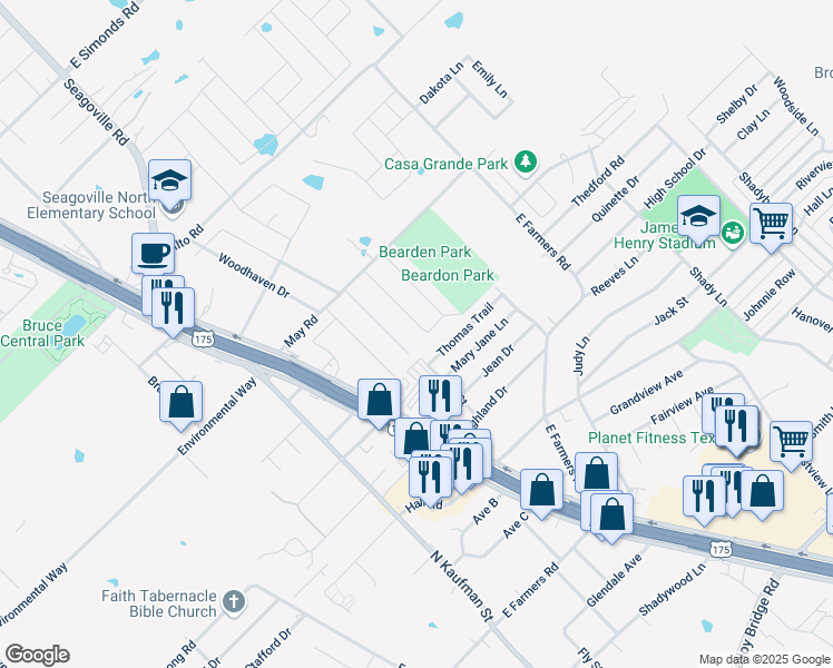 map of restaurants, bars, coffee shops, grocery stores, and more near 1405 Julie Street in Seagoville
