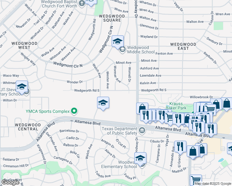 map of restaurants, bars, coffee shops, grocery stores, and more near 6070 Wheat Avenue in Fort Worth