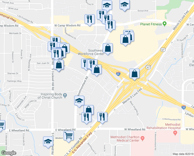 map of restaurants, bars, coffee shops, grocery stores, and more near 7460 South Westmoreland Road in Dallas