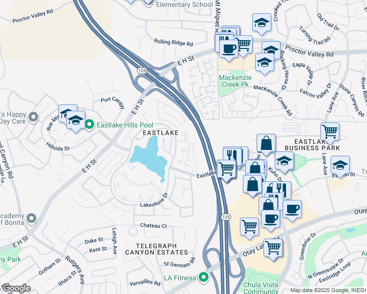 map of restaurants, bars, coffee shops, grocery stores, and more near 734 Eastshore Terrace in Chula Vista