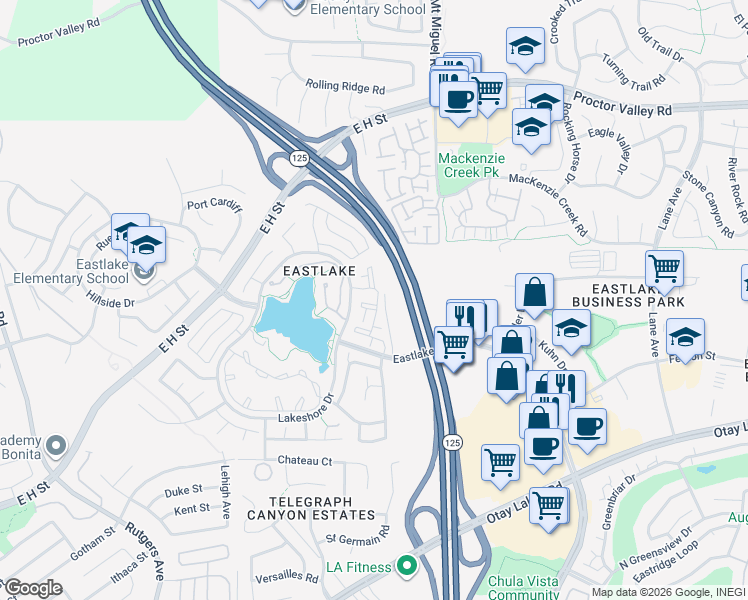 map of restaurants, bars, coffee shops, grocery stores, and more near 730 Eastshore Terrace in Chula Vista