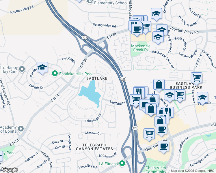 map of restaurants, bars, coffee shops, grocery stores, and more near 740 Eastshore Terrace in Chula Vista