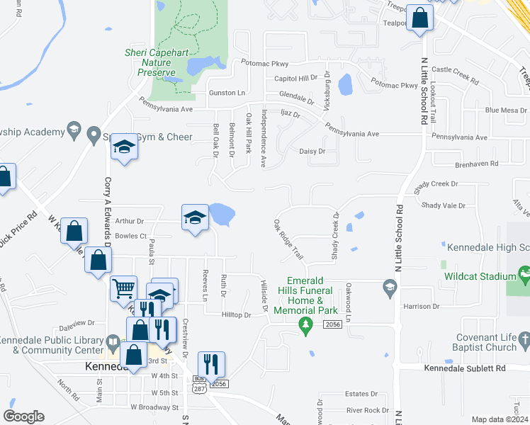 map of restaurants, bars, coffee shops, grocery stores, and more near 211 Oak Ridge Trail in Kennedale