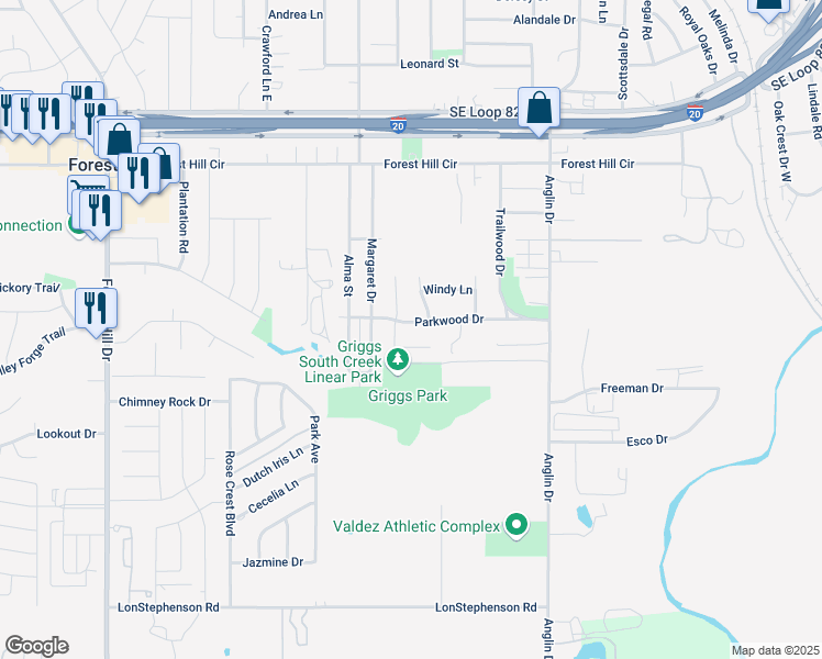 map of restaurants, bars, coffee shops, grocery stores, and more near 4501 Parkwood Drive in Forest Hill