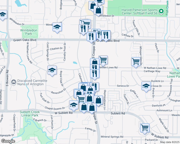 map of restaurants, bars, coffee shops, grocery stores, and more near 5600 South Cooper Street in Arlington