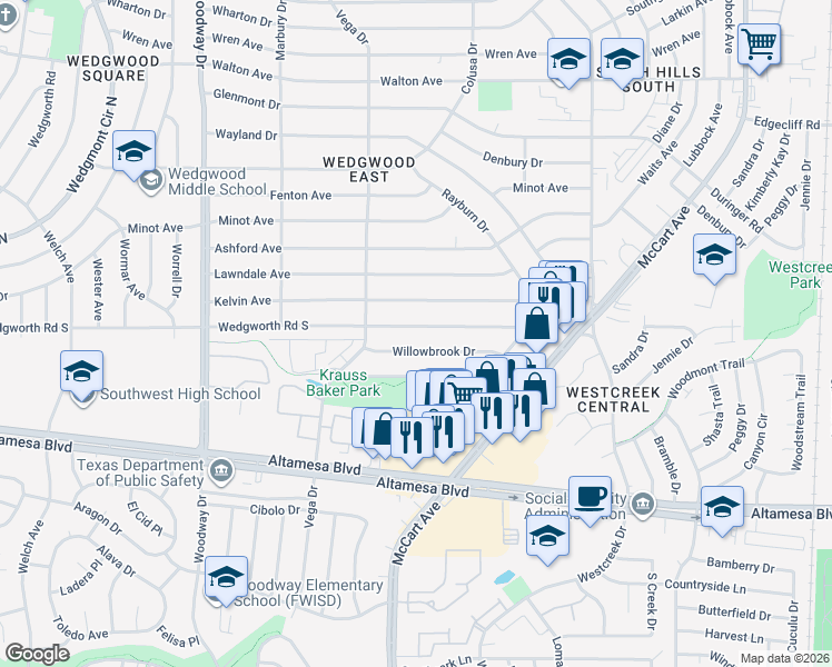 map of restaurants, bars, coffee shops, grocery stores, and more near 3552 Wedgworth Road South in Fort Worth
