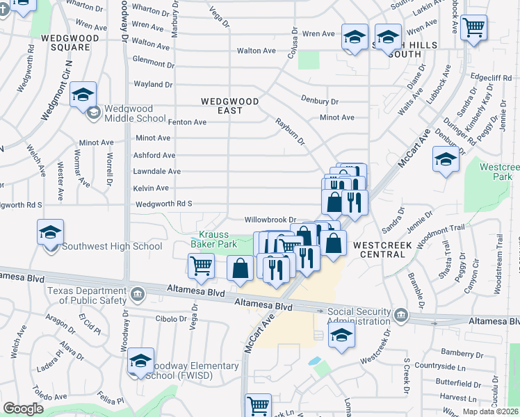 map of restaurants, bars, coffee shops, grocery stores, and more near 3552 Wedgworth Road South in Fort Worth
