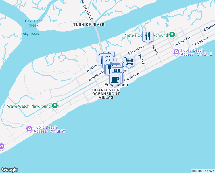 map of restaurants, bars, coffee shops, grocery stores, and more near 106 West Arctic Avenue in Folly Beach