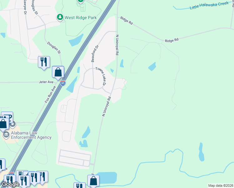 map of restaurants, bars, coffee shops, grocery stores, and more near 831 North Uniroyal Road in Opelika