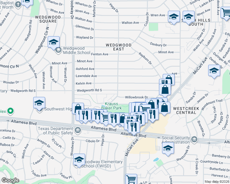 map of restaurants, bars, coffee shops, grocery stores, and more near 3704 Wedgworth Road South in Fort Worth