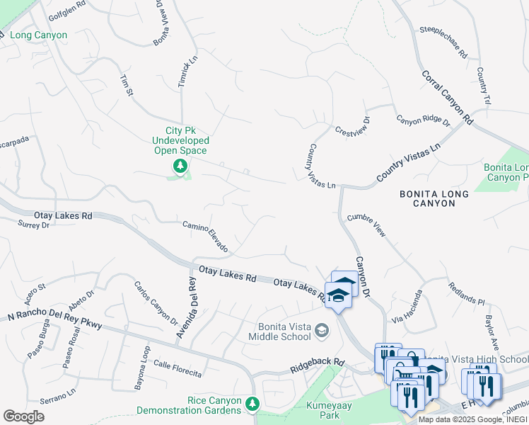 map of restaurants, bars, coffee shops, grocery stores, and more near 1349 Ridgeview Way in Bonita