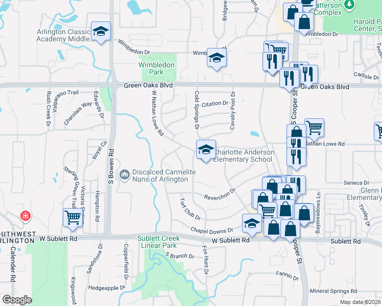 map of restaurants, bars, coffee shops, grocery stores, and more near 2201 West Nathan Lowe Road in Arlington