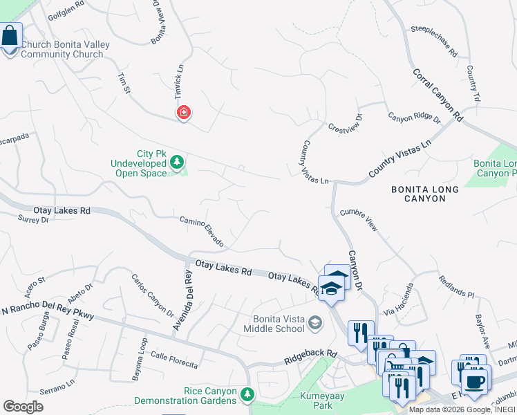 map of restaurants, bars, coffee shops, grocery stores, and more near 1349 Ridgeview Way in Bonita