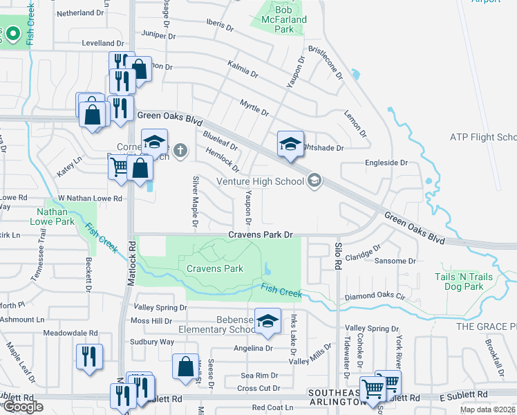 map of restaurants, bars, coffee shops, grocery stores, and more near 5508 Blue Spruce Drive in Arlington