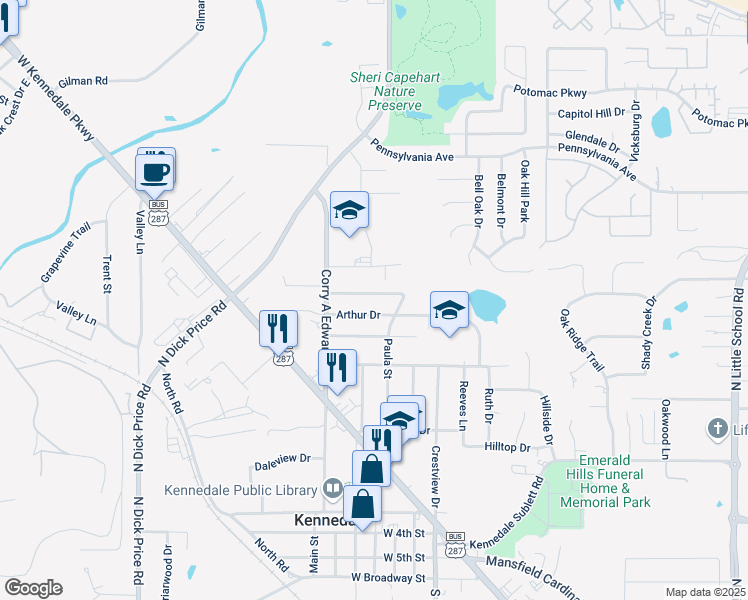 map of restaurants, bars, coffee shops, grocery stores, and more near 319 Spring Branch Lane in Kennedale