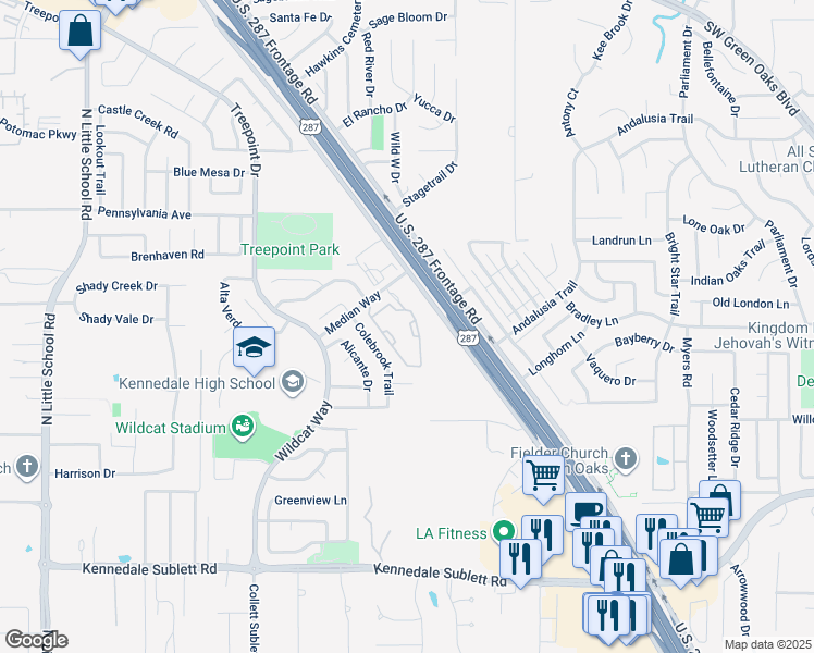 map of restaurants, bars, coffee shops, grocery stores, and more near 5700 Median Way in Arlington