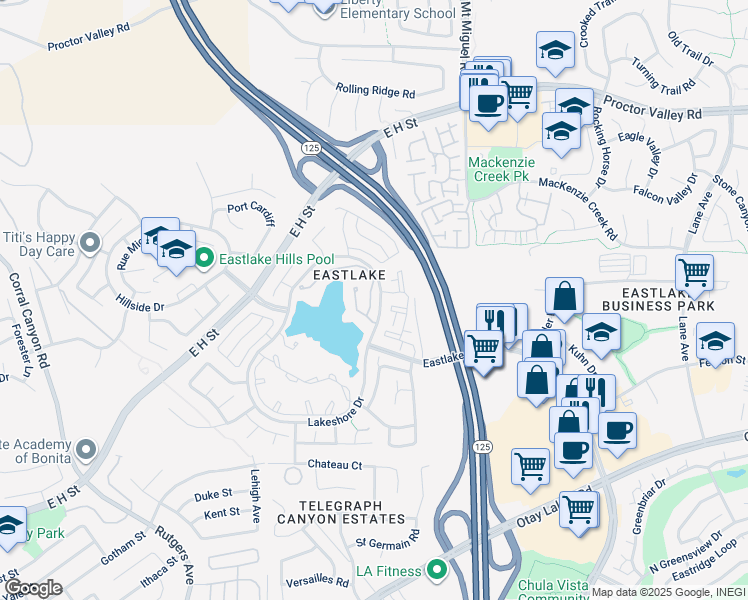map of restaurants, bars, coffee shops, grocery stores, and more near 740 Edgewater Drive in Chula Vista