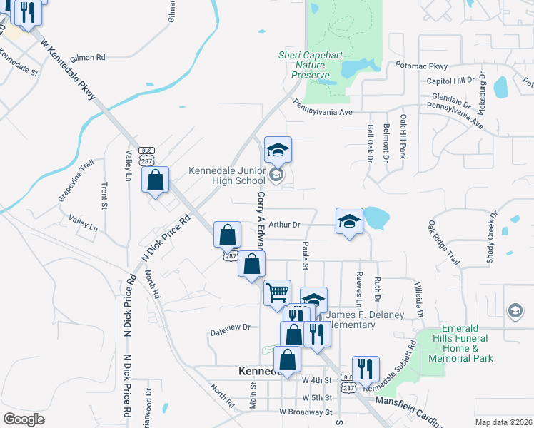 map of restaurants, bars, coffee shops, grocery stores, and more near 343 Spring Branch Lane in Kennedale