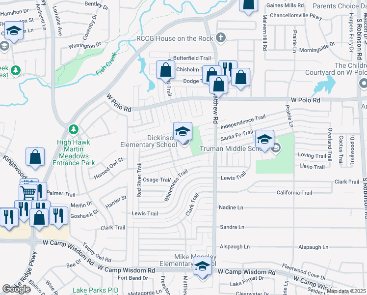 map of restaurants, bars, coffee shops, grocery stores, and more near 1902 Palmer Trail in Grand Prairie