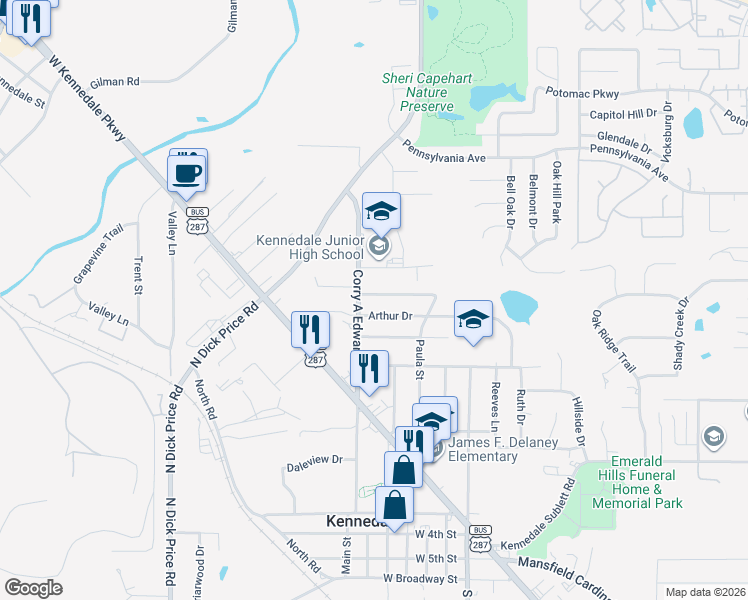 map of restaurants, bars, coffee shops, grocery stores, and more near 343 Spring Branch Lane in Kennedale