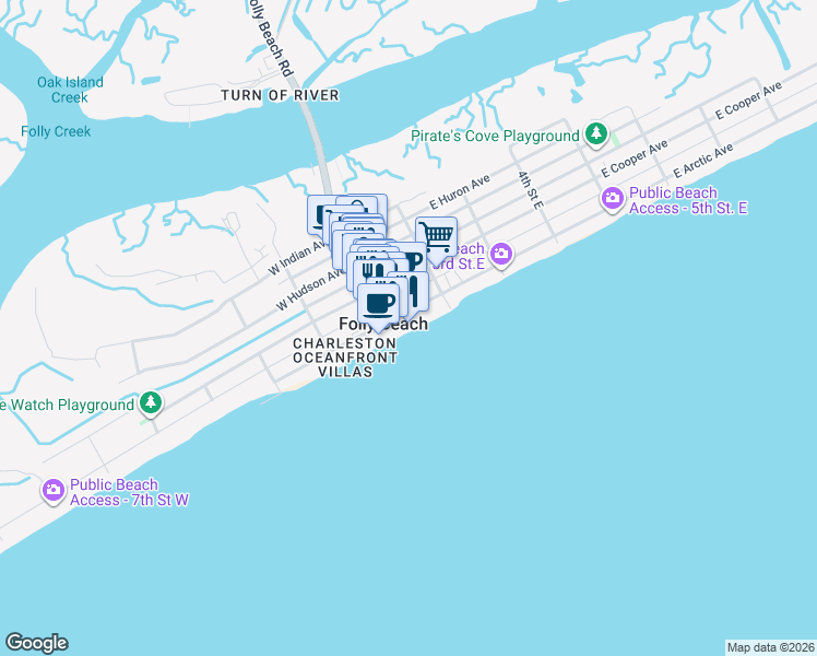 map of restaurants, bars, coffee shops, grocery stores, and more near 101 East Arctic Avenue in Folly Beach