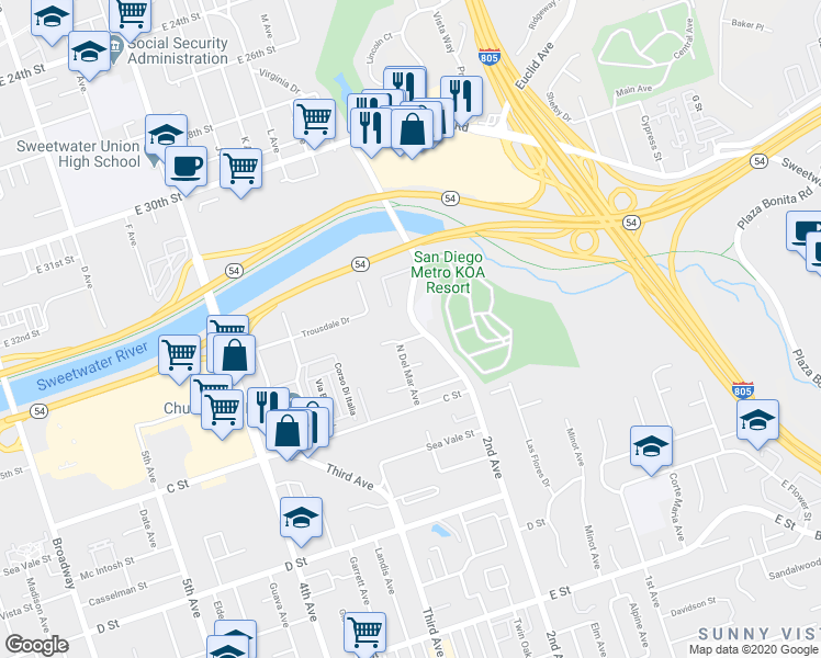 map of restaurants, bars, coffee shops, grocery stores, and more near 76 North 2nd Avenue in Chula Vista